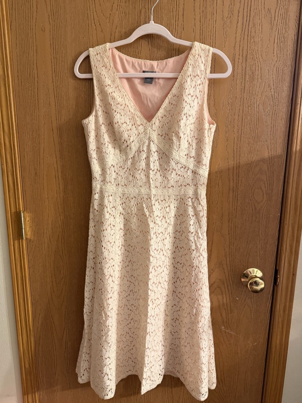 Ann Taylor Lace V-Neck Midi Dress in Blush and Cream